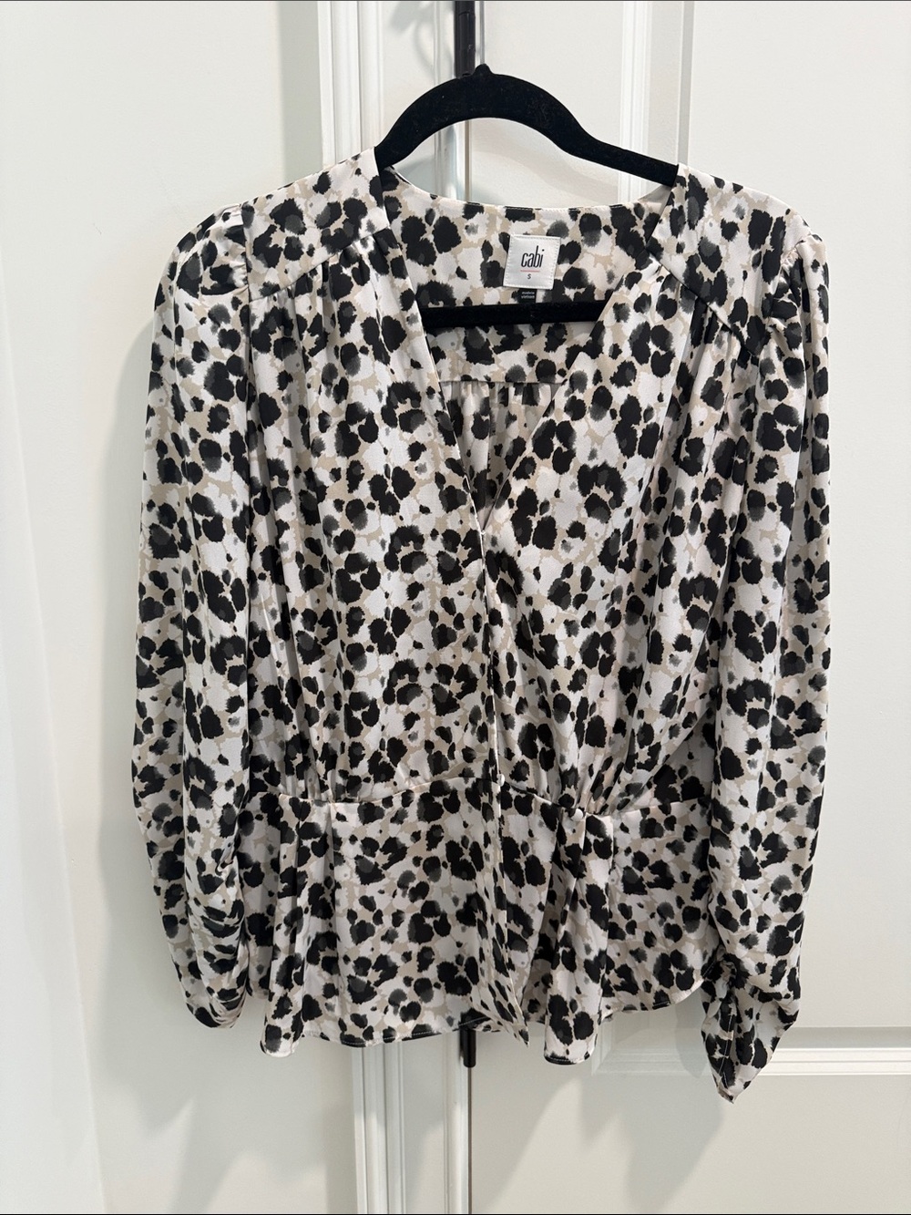 CAbi Black and White Leopard Print V-Neck Peplum Blouse